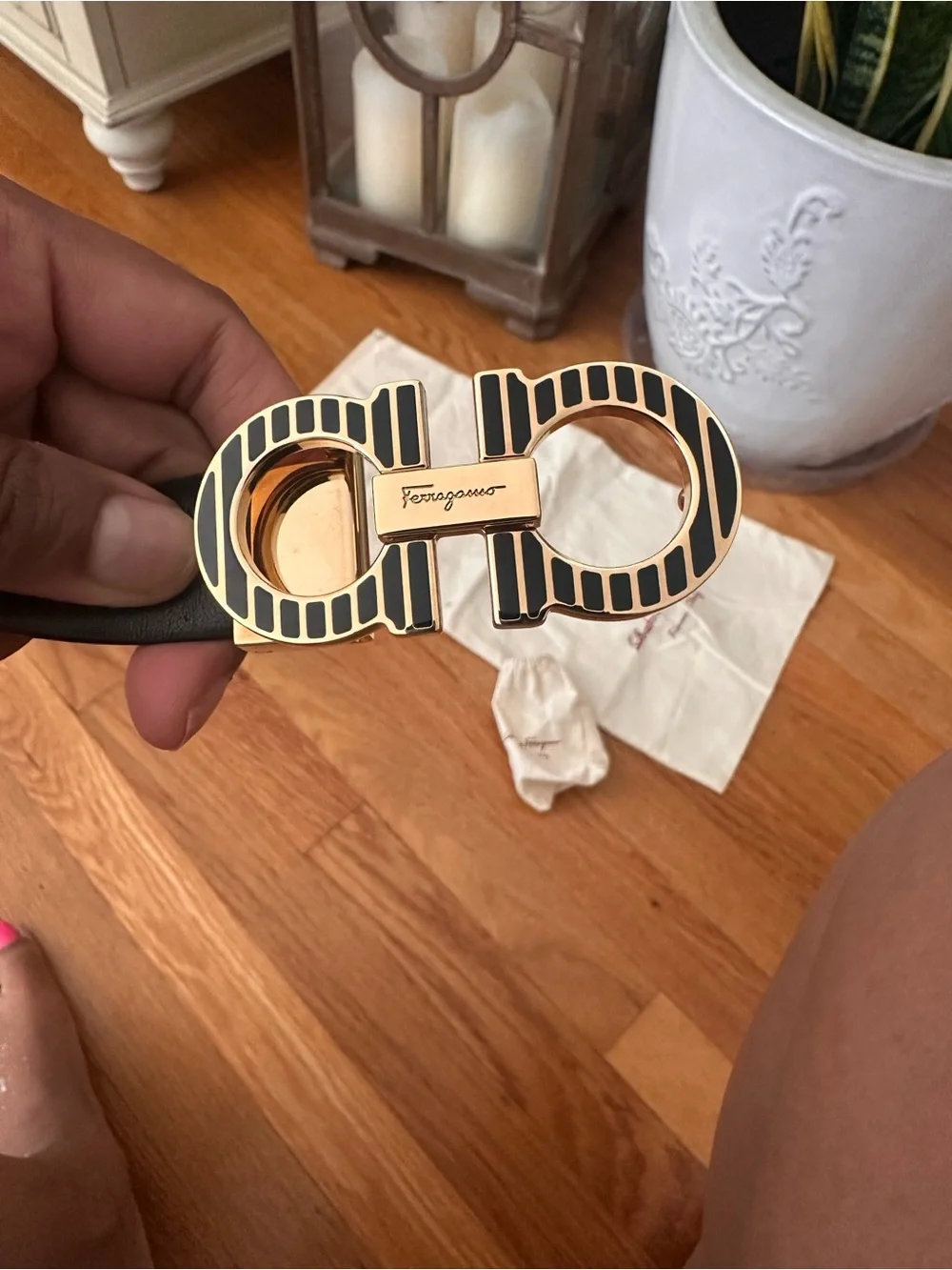 Salvatore Ferragamo Black and Gold Striped Double Gancio Buckle Belt
